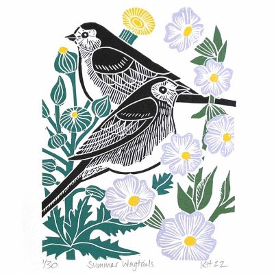 Linocut 'Summer Wagtails' by Kate Heiss