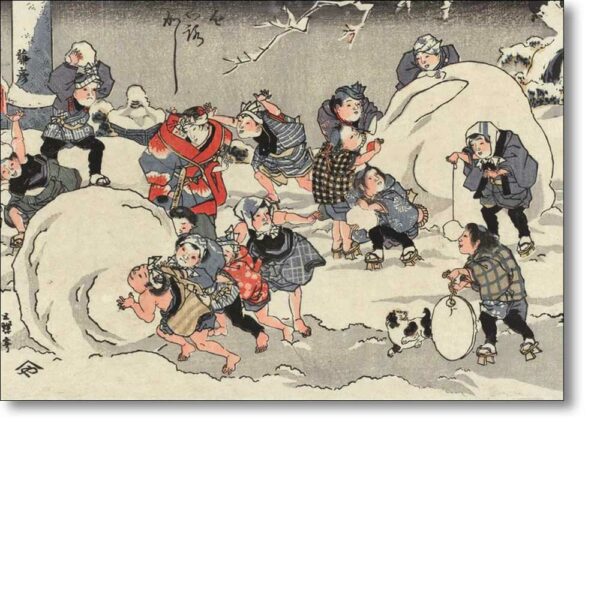 Christmas Card 'Rolling a Snow Ball' by Utagawa Kuniteru