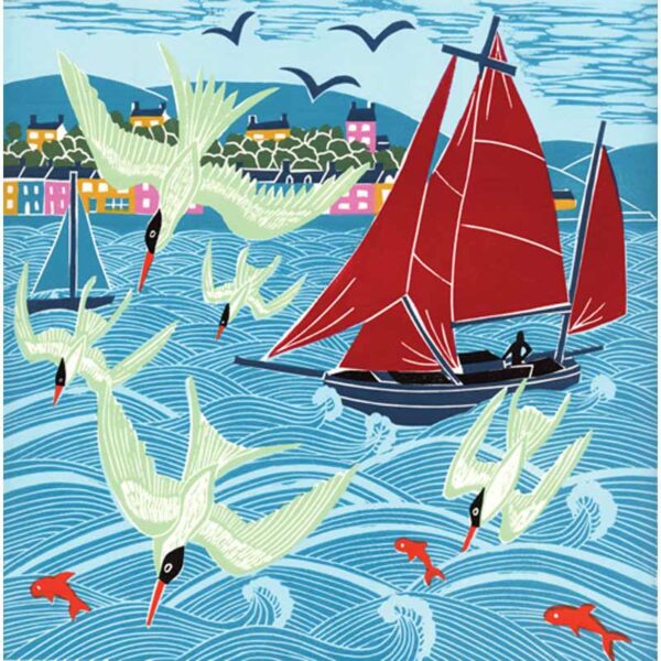 Linocut 'Terns on the Tide' by Hate Heiss