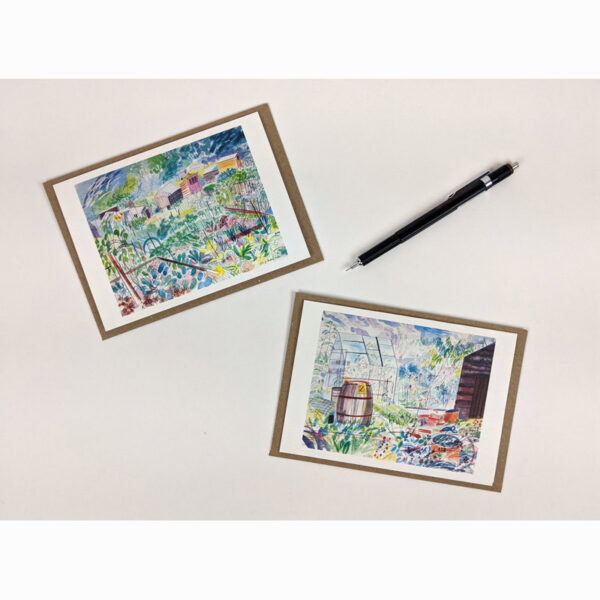 Note card pack of two watercolours of 'Allotment Life' by Emily Sutton, alternative view