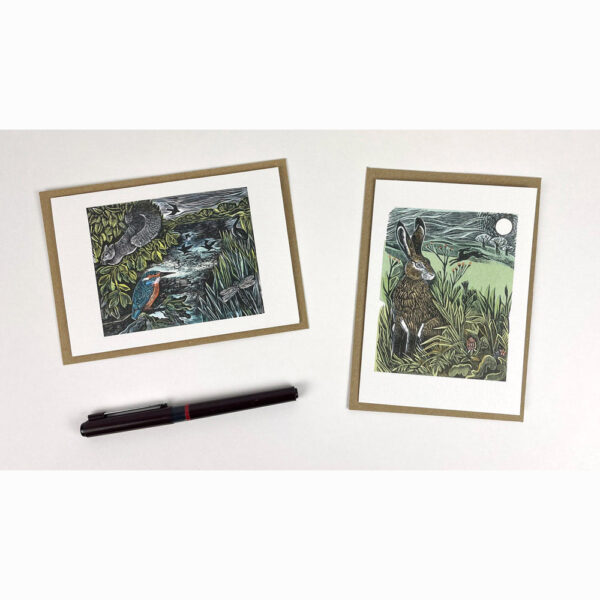 Note card pack of 'Hidden Hares & Kingfisher and Squirrel' by Angela Harding, alternative view